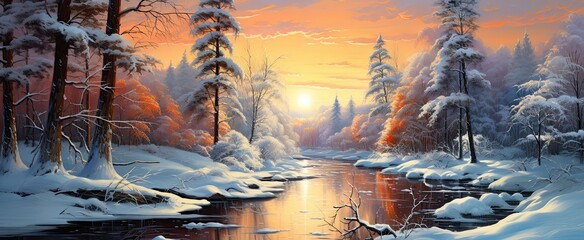 piękny widok lasu i rzeki w zimie - obrazy, fototapety, plakaty