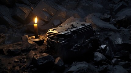 Candle and coal in a graveyard after a mine accident
