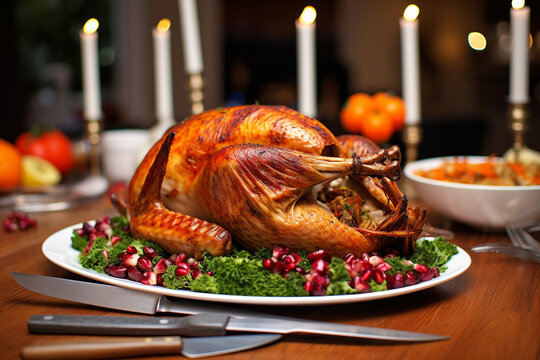 A close up photo of a served thanksgiving dinner table with a carved turkey on it taken indoors in a living room, happy thanksgiving images