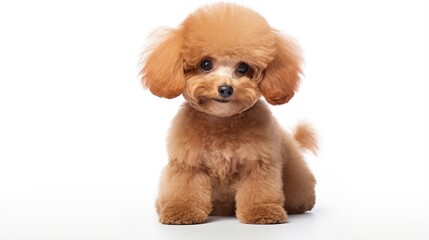 Isolated white background with groomed apricot toy poodle