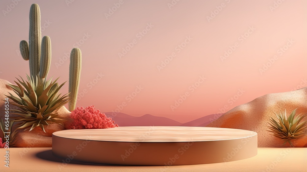 Poster Minimal display podium with cactus desert backdrop rendered in 3D