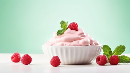 Italian raspberry sorbet dessert in small jars topped with whipped cream and mint displayed on a light background in a long banner format with space for text