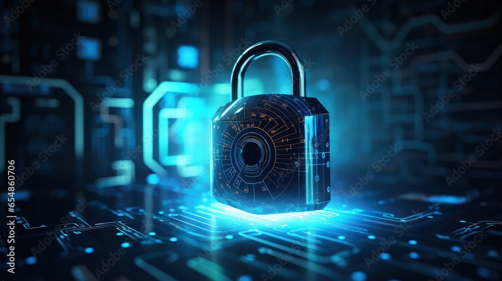 Poster Digital lock protecting binary code against personal data breaches on a blue abstract background