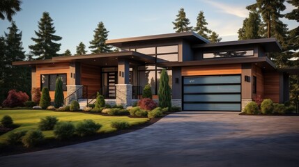 Fototapeta na wymiar Modern house in Northwest USA with flat roof brown siding and glass garage door