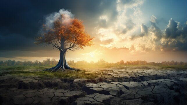 Metaphorical representation of environmental disaster due to climate change includes dead tree polluted air green grass and sunny sky