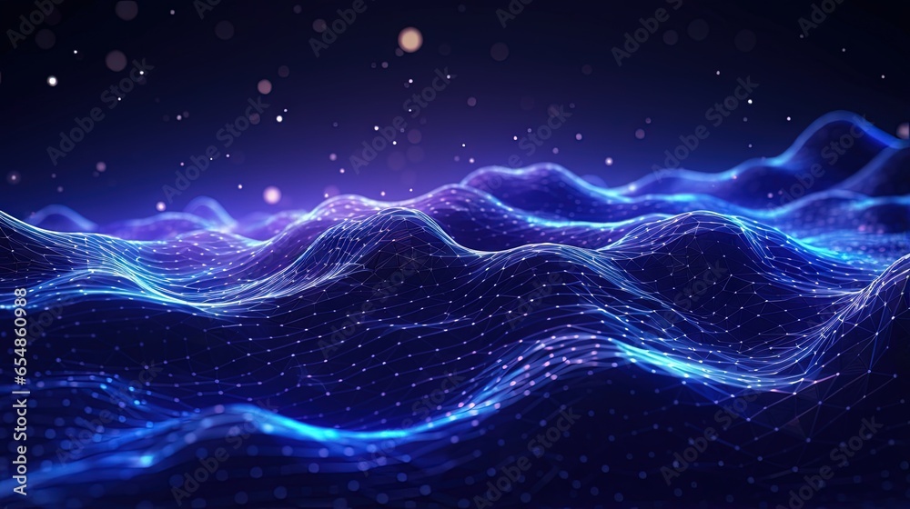 Fototapete AI technology and 3D illustrated music waves are utilized for digital communication and scientific research in the flow of big data through blockchain data fields connected via network lines