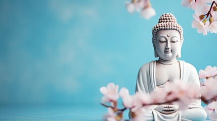 Buddha statue flowers blue backdrop Mental health meditation theme Blurred blank space