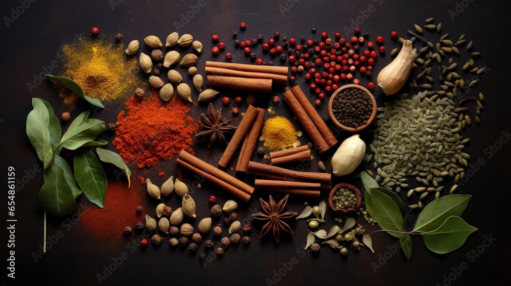 Aufkleber spices arranged on old dark background from above