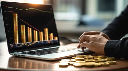 Financial growth concept with stacked coins and business graph on laptop screen for investor advisor