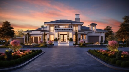 Luxurious house with wide driveway and vibrant sunset backdrop