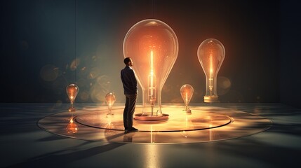 Transitioning from confusion to brilliance a conceptual image depicts problem solving through creative thinking with a man nearsighted by a light bulb and cluttered thoughts - obrazy, fototapety, plakaty