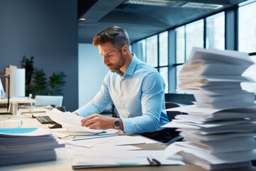 Business manager in blue shirt is works with business documents in the office. Overworking concept - obrazy, fototapety, plakaty