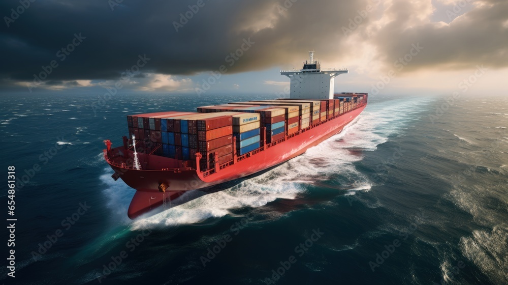 Aufkleber container cargo ship sailing quickly over cloudy ocean in front view