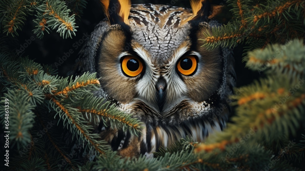 Poster concealed image of owl with large orange eyes behind tree trunk wild creature in natural environment