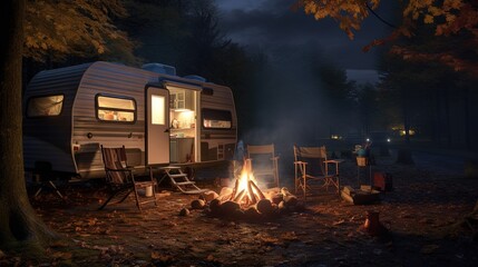 Nighttime camping with water heated over an open fire near the trailer - obrazy, fototapety, plakaty