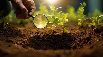 Examining young plants with magnifying glass