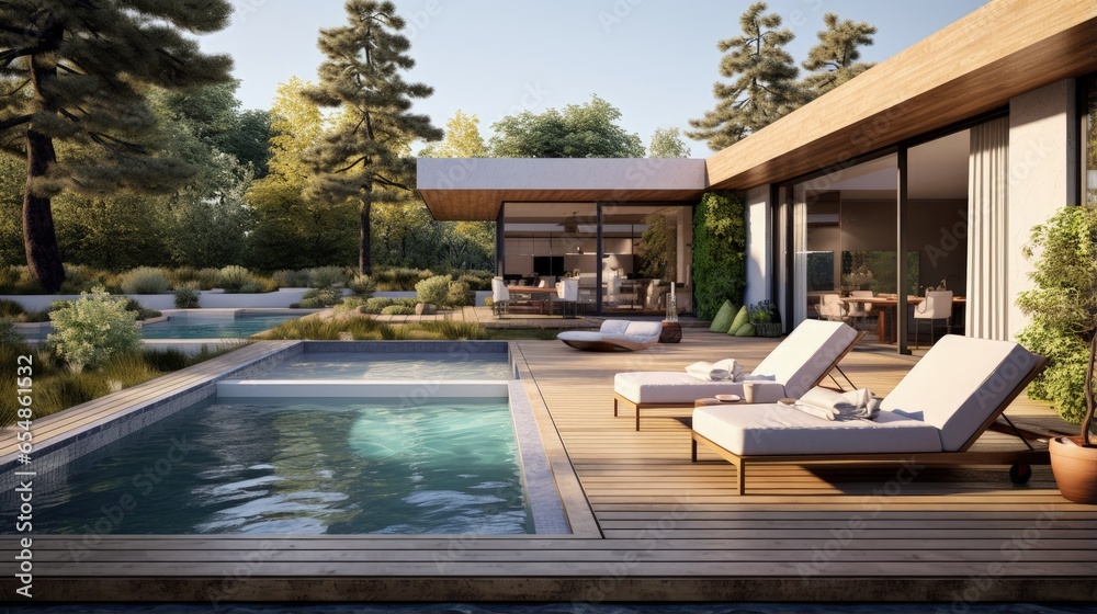 Poster 3d rendering of a luxurious contemporary backyard with a pool