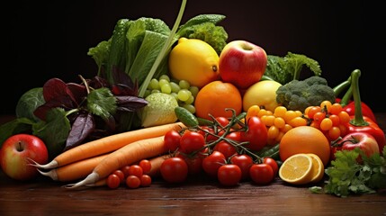 Mixed colorful organic fruits and vegetables promote a healthy and natural food choice