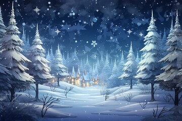 A festive wintery scene adorned with snowflakes, trees, and ornaments. Generative AI - obrazy, fototapety, plakaty