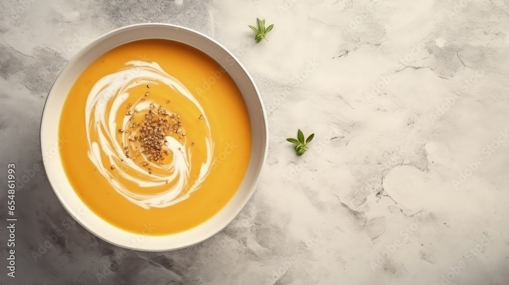 Poster Pumpkin soup with creamy texture on marble background top view