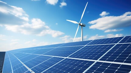 Close up view of wind turbines and solar panels against the sky