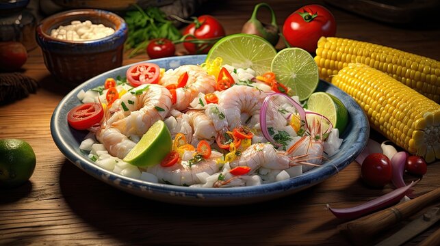 Peruvian sebiche with seafood and maize