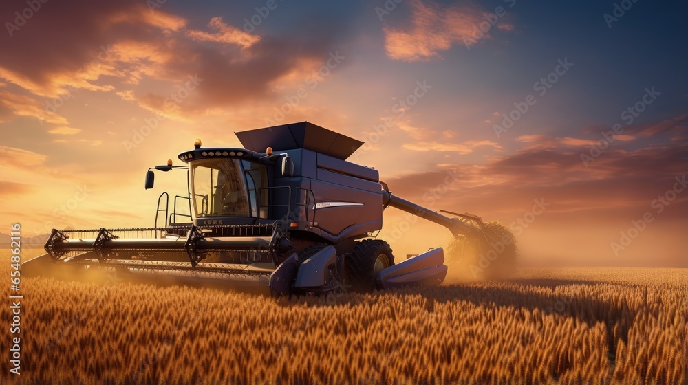 Poster combine harvester working in the picturesque twilight landscape of a wheat field at dawn and dusk