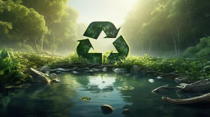 Deurstickers 3D rendering of a recycling symbol in a pond within a pristine jungle symbolizing the eco friendly plea to recycle and reuse © vxnaghiyev