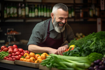 A picture of a happy and successful fruit and vegetable shop owner putting out fresh fruits and...