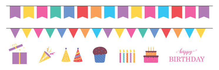 Cartoon Birthday Party Elements Set. Vector Illustration for Festive Celebrations with cake, flags, gifts, and cupcakes on white background. Party clip art set.