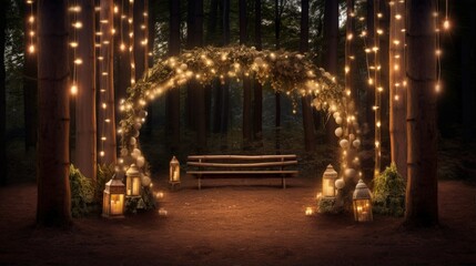Rustic forest wedding with light bulb lit arch and guest seating
