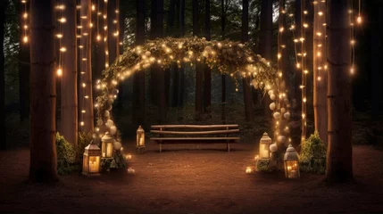 Fototapeten Rustic forest wedding with light bulb lit arch and guest seating © vxnaghiyev