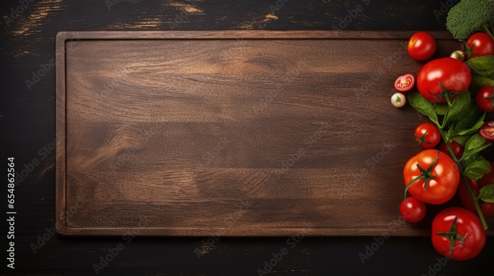 Poster Top view of an old empty cutting board on a black background Ample space for copying