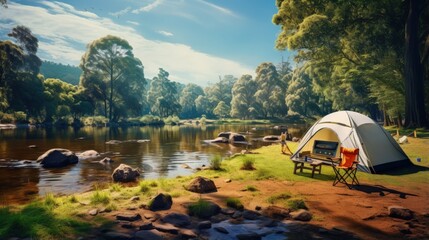 Picturesque riverfront with camping tents and fire pits inspiring thoughts of outdoor adventure and summer fun at Wye River VIC Australia - obrazy, fototapety, plakaty