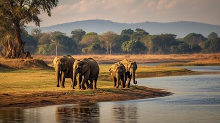 Elephants by Kabini river India - obrazy, fototapety, plakaty