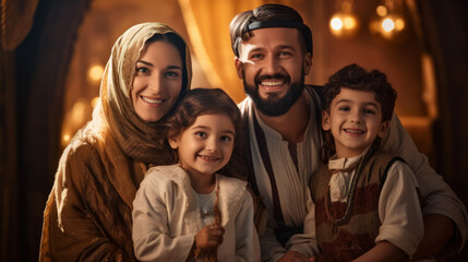 Happy Arabic Family in culture clothes, man and woman and kids 