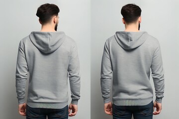 Young man wearing long sleeve hoodie sweatshirt Side view, back and front view mockup template for print t-shirt design mockup - obrazy, fototapety, plakaty