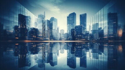 Luxurious highrise city buildings double exposed blue toned for business and finance backdrop