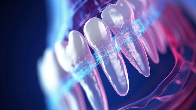 Accurate 3D illustration of tooth implants and dentures recovery shown in x ray view