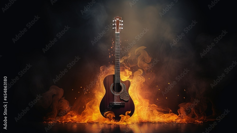 Wall mural Surreal acoustic guitar with fire effects in a dark background with copy space