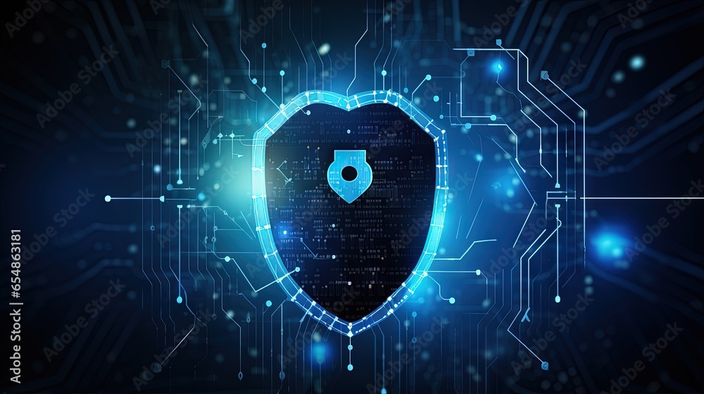 Poster Cybersecurity concept shield with icons and polygons connected by binary code in blue background