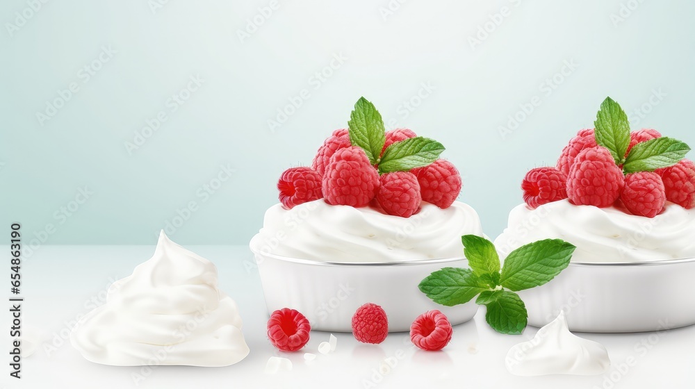 Aufkleber italian raspberry sorbet dessert in small jars topped with whipped cream and mint displayed on a lig