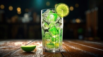 Chilled soda on table Carbonated lemon lime beverage Summer menu fizzy drinks