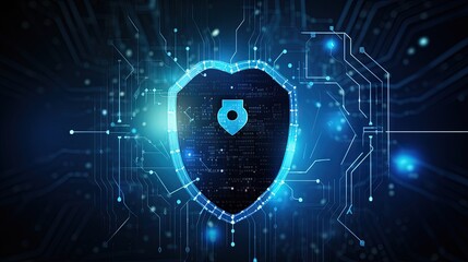 Cybersecurity concept shield with icons and polygons connected by binary code in blue background