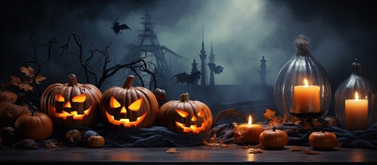 Halloween night lit pumpkins and candles on misty table with copyspace for text