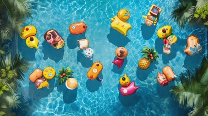 Fototapeta na wymiar Toy inflatables bobbing on pool surface during summer