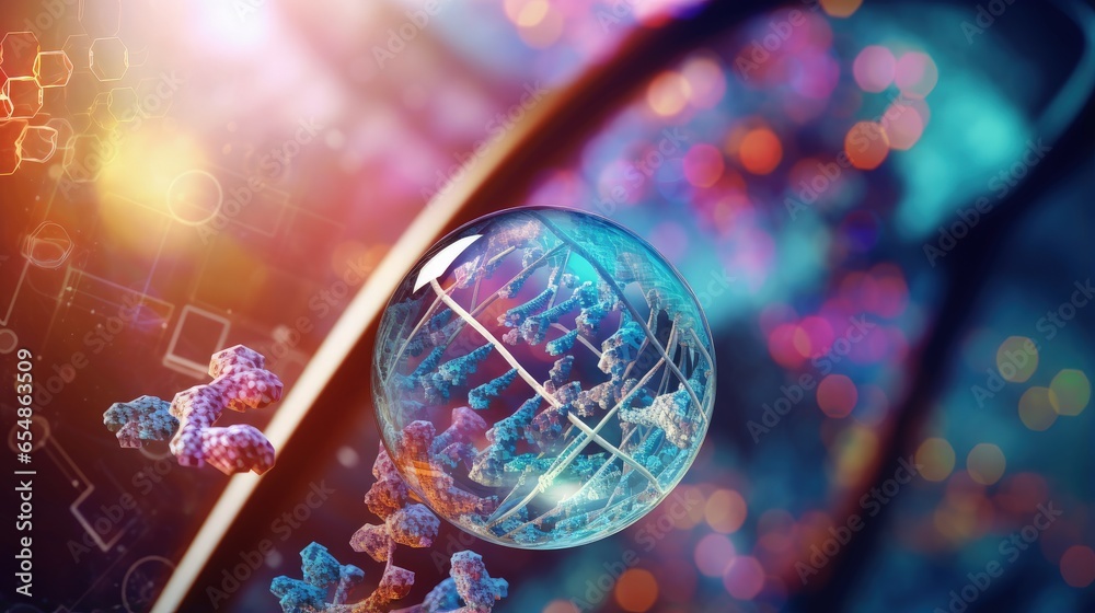 Poster 3d visualization of dna sequencing with magnifying glass