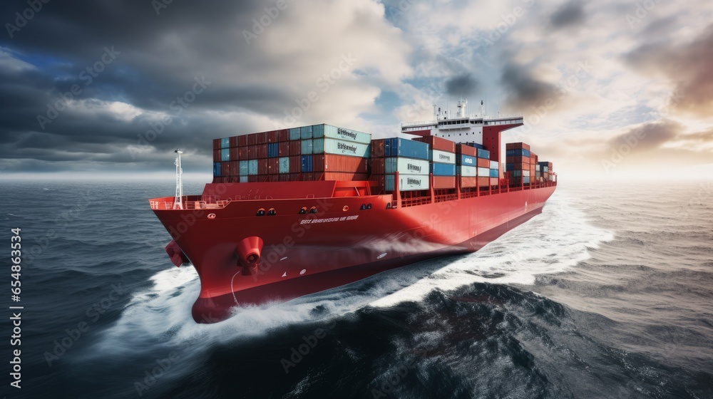 Poster container cargo ship sailing quickly over cloudy ocean in front view