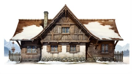 Fototapeta na wymiar Detailed Bavarian farmhouse made of wood with intricate roof and wooden windows