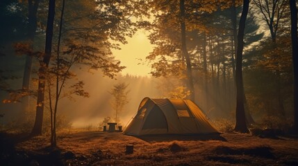 Spectacular camping scene with sunlight and fog in a forest